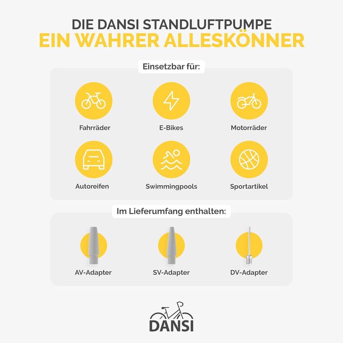 Насос для велосипеда DANSI Stand-Fahrradpumpe - універсальний з манометром та адаптерами | Підходить для мотоцикла, електровелосипеда, авто та спортивного інвентарю