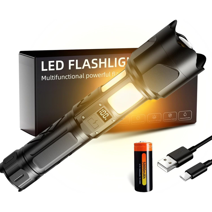 Ліхтар LED KZK 500000 Люмен, надпотужний, з функцією зуму, COB 360° світло, IP67, 7 режимів, для кемпінгу, риболовлі, надзвичайних ситуацій та активного відпочинку на природі