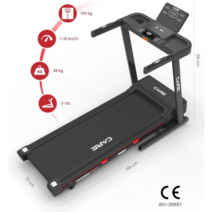 Бігове обладнання Care Fitness Jogger Max: LED-дисплей, 28 програм, 16 км/год, ручна нахил, тихий мотор