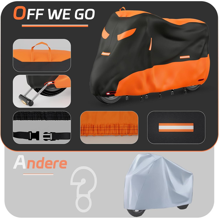 Водонепроникна накривка для мотоцикла Motorrad, 245x105x125 см. Захист від UV, дихаюча, з відбиваючими елементами. Підходить для мотоциклів, скутерів та велосипедів