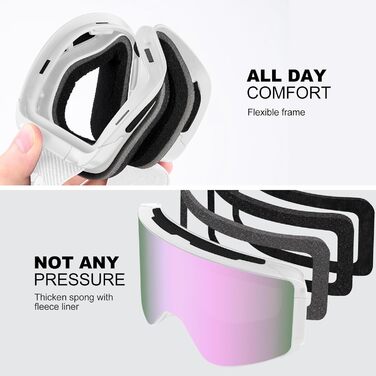 Одаленд Скі-маска для жінок та чоловіків, дітей. Снігові окуляри з антитуманним покриттям, захистом від УФ-випромінювання та магнітними змінними лінзами. Сумісні зі шоломом. Для сноуборду та катання на лижах. Чорний колір. VLT 8.8% (фіолетовий — VLT 15%)