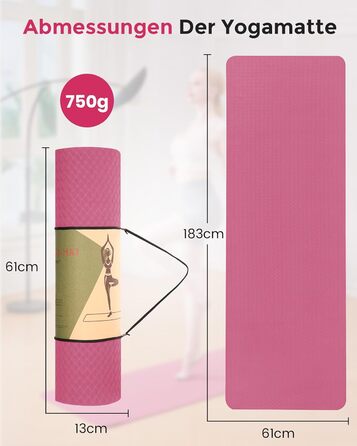 Йога-килимок Narwhal протиковзкий з TPE для фітнесу, пілатесу та тренувань, з ременем для перенесення, 183 x 61 x 0.6 см, колір слива-рожевий