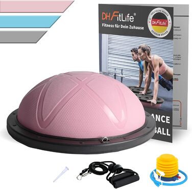 Балансувальний м'яч DH FitLife для йоги, напівсфера 60×22 см, до 200 кг, з насосом і 2 фітнес-резинками, рожевий