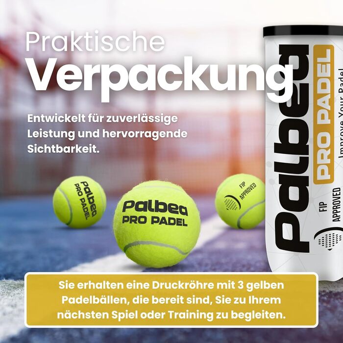 Palbea PRO Padel - М'ячі для падел-тенісу, сертифіковані FIP, преміум якість. Підходять для тренувань та турнірів. 1 картон x 6/12/24 туби.