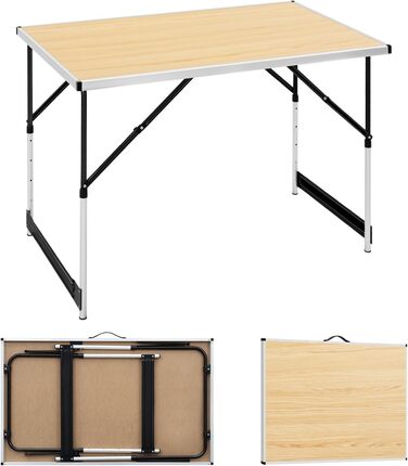 Стіл для кемпінгу, розкладний садовий, робочий, балконний від WOLTU® - регульована висота, алюміній, сталь, МДФ (світлий дуб)