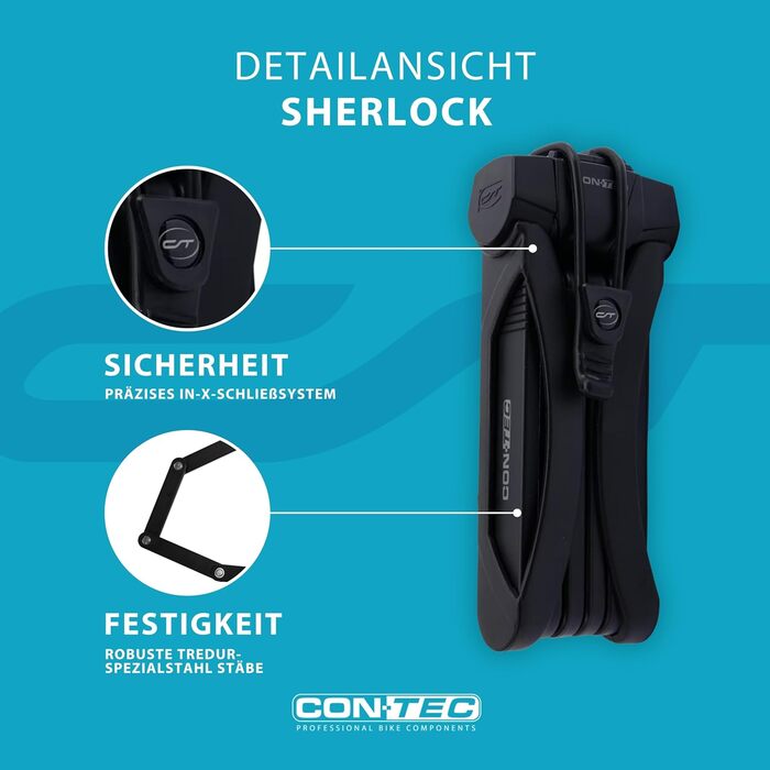 CONTEC велосипедний складаний замок SherLock, міцна сталева конструкція Tredur, 85 см з кріпленням, реверсивний ключ і захист від випадкового випадання, чорний