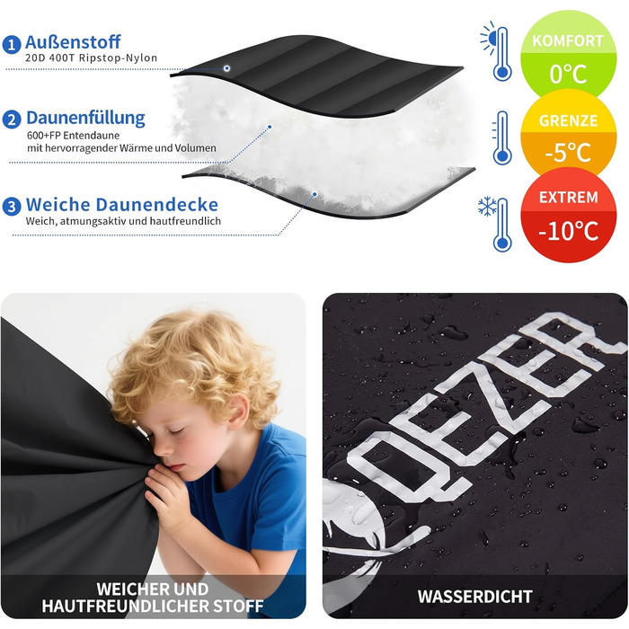Спальний мішок QEZER зимовий, пуховий, для дорослих та дітей, 0°C -23°C, Outdoor, Camping, чорний