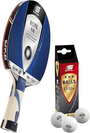 Професійна ракетка для настільного тенісу Sunflex XCITE C45 з ITTF сертифікованим покриттям, вигнута ручка, комплект з 3 м'ячами