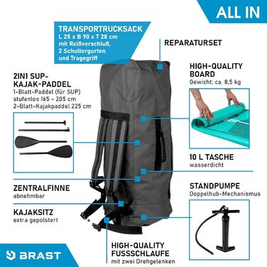 Надувний SUP Board BRAST Turtle | Комплект для станд-ап паддлбордингу | 320x81x15 см | 4 дизайни | 5 років гарантії | з аксесуарами | 2в1: SUP Board та каяк | з кріпленням для Action-Cam, петлею для ніг, рюкзаком | Колір: Туркіс