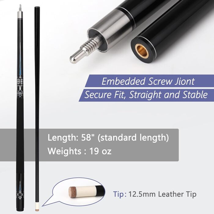 Професійний більярдний кий з чохлом, комбінований набір, 12.5 мм, для чоловіків та дорослих, чорний, 147.3 см