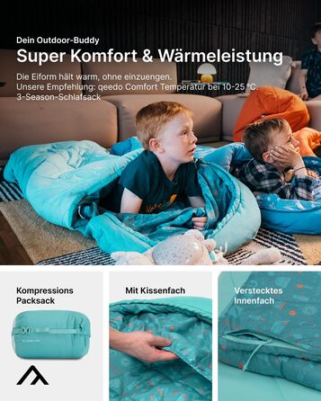 Спальник дитячий Qeedo Buddy Junior Camping 3 сезони (10-25°C) для хлопчиків та дівчаток до 140 см / 10 років Turtlemint