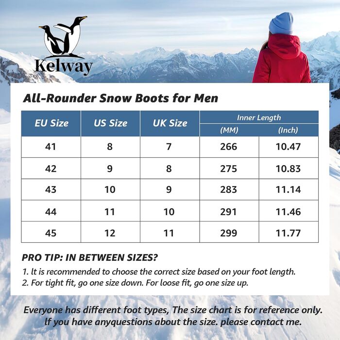 Черевики зимові Kelway для чоловіків, водонепроникні. Зимове взуття, чоботи для снігу, Outdoor, для походів, роботи, кемпінгу (Чорний, 45 EU)