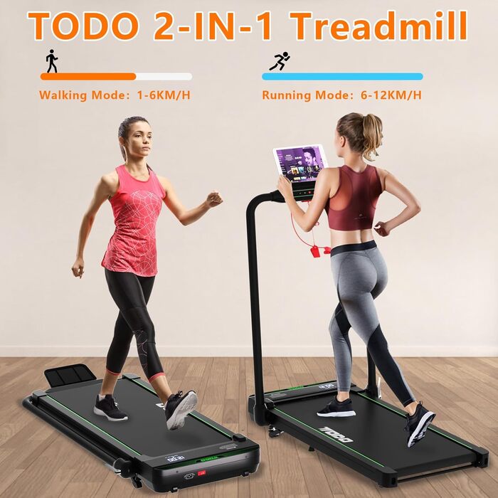 Біговий тренажер для дому з нахилом, Walking Pad 2.5HP, електричний складаний біговий тренажер 1-12 км/год, біговий стіл з пультом та додатком, LCD-дисплей, зелений