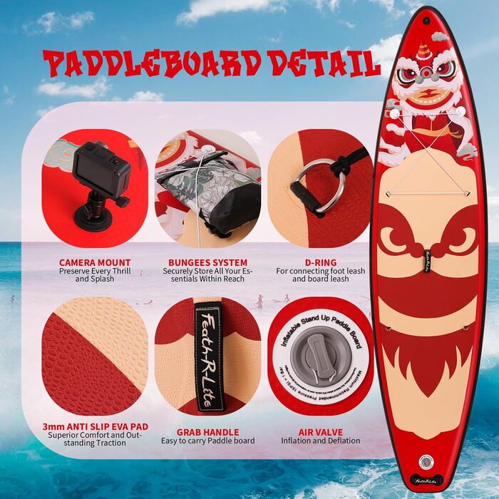 Надувна SUP-дошка FEATH-R-LITE 11' для дорослих з ручним насосом, веслом 2 в 1, сидінням, фіксатором, сухим мішком і водонепроникним чохлом для телефону, універсальна дошка для веслування стоячи