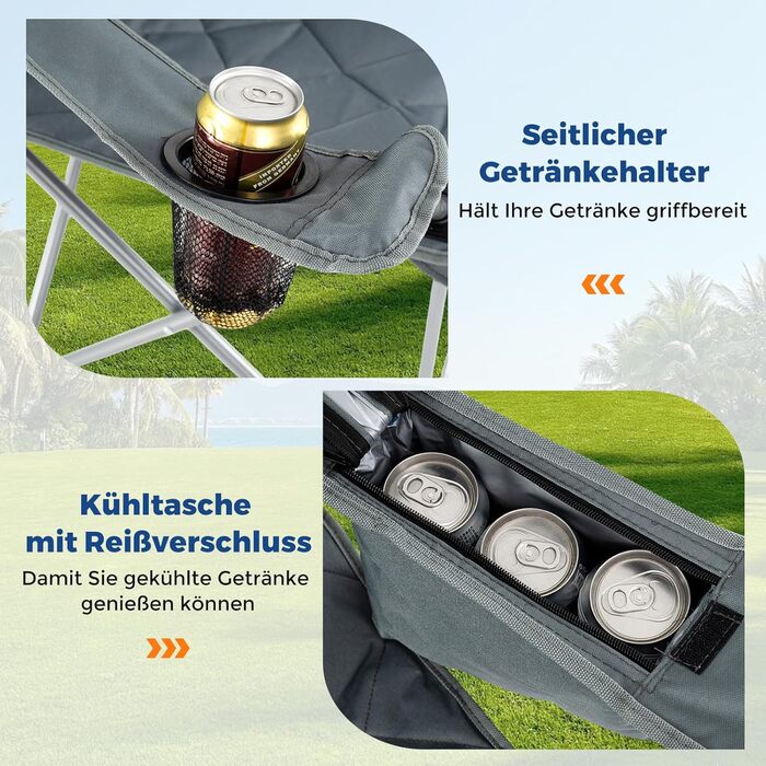Крісло для кемпінгу Costway XXL, 227 кг, з підлокітниками та кишенею для напоїв, сіре