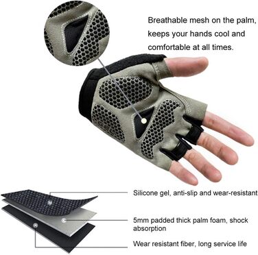 Рукавички для велосипеда для чоловіків та жінок: MTB, тренувальні, для шосе та гірського велосипеда, напівпальцеві, літні, чорний колір, розмір M