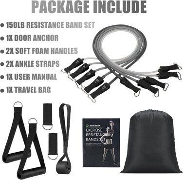 Еластичні гумки WIKDAY для фітнесу: комплект з ручками, фіксатором для дверей та ремінцями для щиколоток. Ідеально для кросфіту, розтяжки та домашніх тренувань.