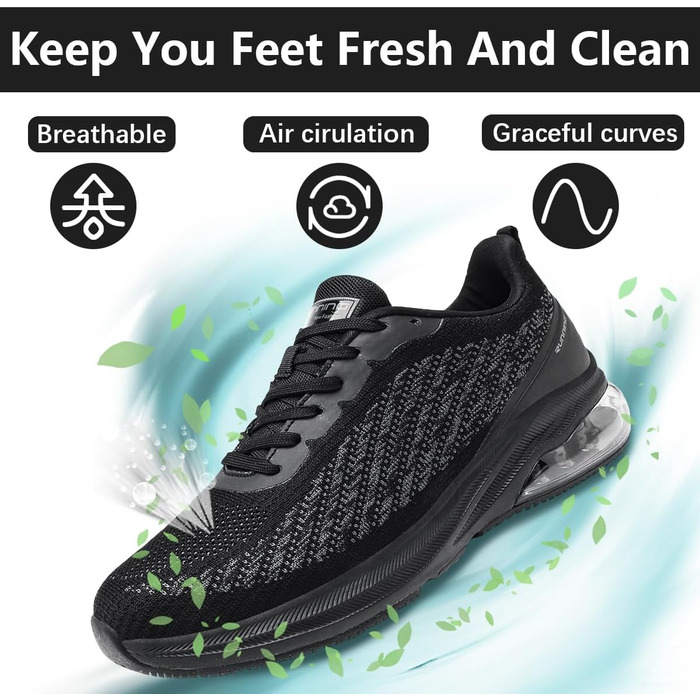 Кросівки для чоловіків та жінок: спортивні, легкі, з повітряною подушкою, для бігу та фітнесу, дихаючі, розмір 36-47 EU (37 EU, чорний)