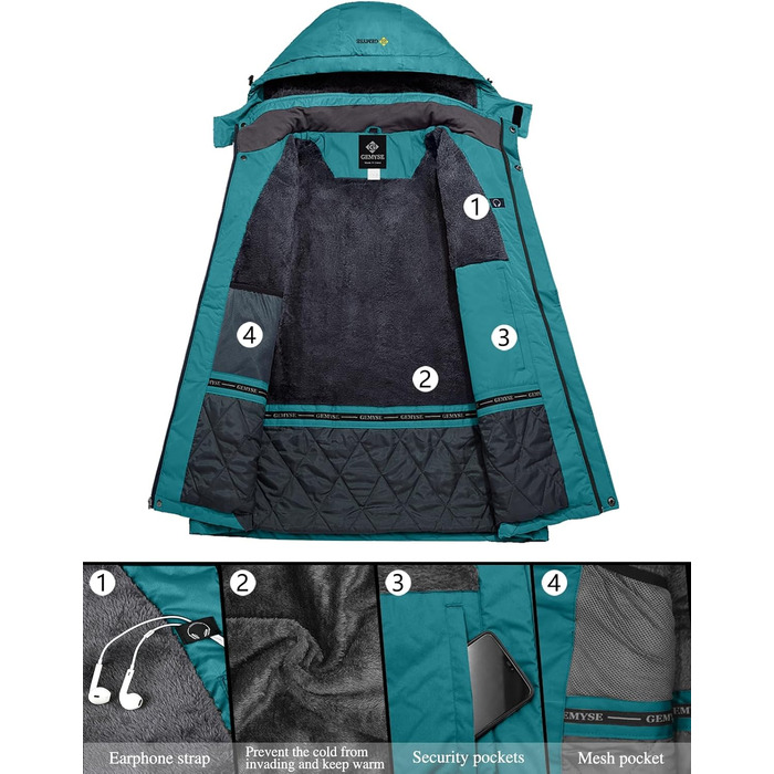 Жіноча лижна куртка GEMYSE: водонепроникна, з флісовою підкладкою, захист від вітру, з капюшоном для активного відпочинку та спорту, колір Acid Blue