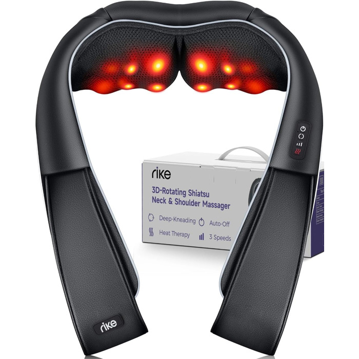 Масажер для шиї RIKE Shiatsu з підігрівом – 3D масажер для шиї, плечей та спини, з адаптерами для мережі та авто, глибокий масаж, подарунок на Різдво (сучасний)