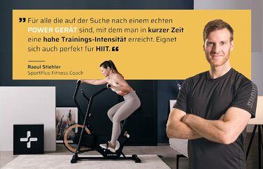Велотренажер SportPlus Profi Air Bike з повітряним опором, сумісний з додатком, для HIIT, розумний комп'ютер, до 135 кг, чорний/жовтий