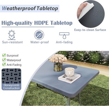 Складний кемпінговий стіл Komfotteu HDPE з металевим каркасом, 180x74x75 см (Сірий) - для пікніка, грилю, вечірок, витримує до 160 кг