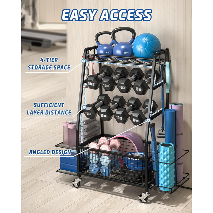Підставка для гантелей розширена для дому - стійка для тренувань з 4 колесами та зручним зберіганням з обох сторін, чорна