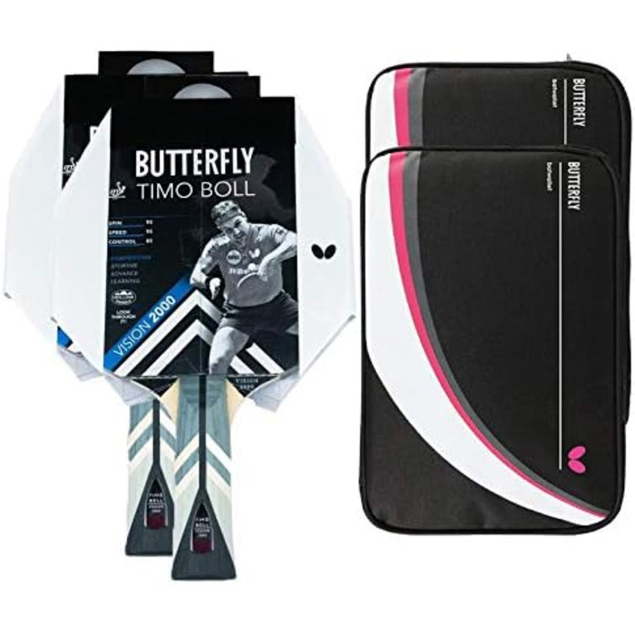 Настільний тенісний ракетка Butterfly Timo Boll Vision 2000 для професіоналів, ITTF сертифікат, накладка Wakaba, комплект з 2 чохлами DC2 та додатковою ракеткою