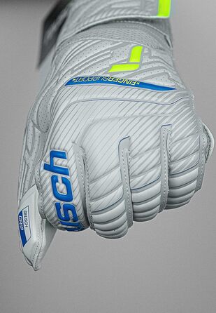 Воротарські рукавички Reusch Attrakt Finger Support для дорослих, з зовнішнім швом і захистом пальців, універсальні для всіх типів футбольних полів, сірі-блакитні-жовті, розмір 10
