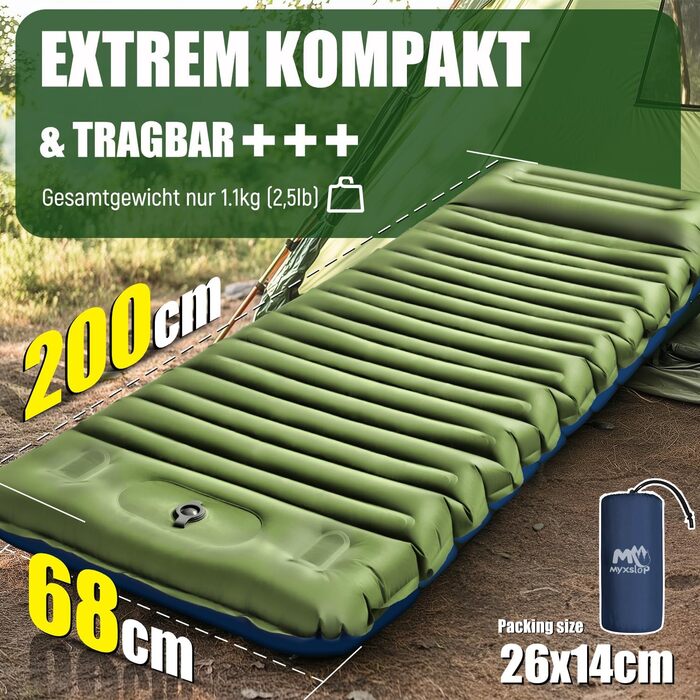 Кемпінговий килимок Myxslop Isomatte самонадувний, товстий, компактний, зелений