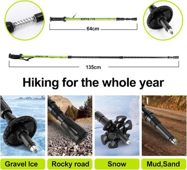 Снігоступи KinZon 3-в-1: легкі, міцні, з трекінговими палками та сумкою, підйом на п'яті, для походів, зелені, 63.5 см (для ваги 54-86 кг)