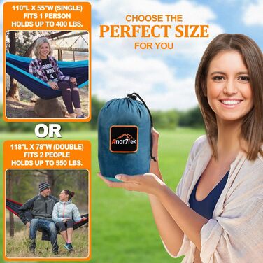 Гамак Anortrek Outdoor для відпочинку на природі, 280x140 см, 249 кг, з ременями для дерев, дихаючий нейлон, для кемпінгу, подорожей, відпочинку в саду (Blue/ Dark Blue/ Orange)