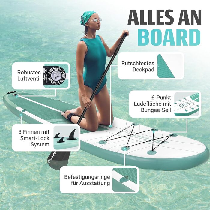 Надувний SUP Борд Fitleap Premium Stand Up Paddle Board - Комплект з насосом, веслом та рюкзаком. Ідеально для початківців та професіоналів, для йоги, серфінгу та водного спорту. (Зелений в смужку, 1 особа)