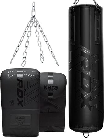Боксерська груша RDX 145 см з наповнювачем 50 кг, рукавичками та сталевим тросом. Шкіряна, для боксу, фітнесу, кікбоксингу, MMA, муай-тай, карате. Чорний колір, 3 шт.