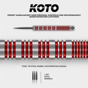 Сталеві дротики KOTO 10076 (18 г) з кільцевим хватом, сріблясто-червоні: 3 барелі, 3 флайти та 3 шафти, лазерне гравіювання