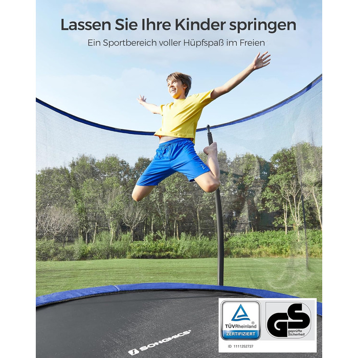 Батут SONGMICS Outdoor Ø 244/305/366/427 см, круглий, для саду, з сіткою безпеки, захисним бордюром, сходами та м'якими стійками, чорно-синій