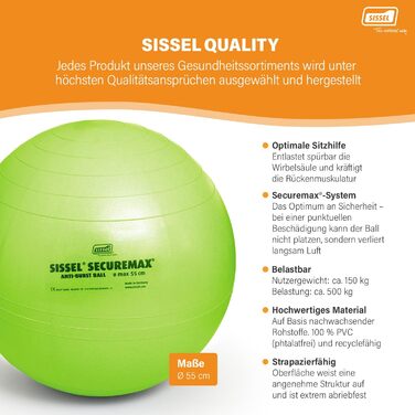 Фітбол SISSEL SECUREMAX 55 см, до 500 кг, PVC, для фітнесу і терапії, зелений, з постером та знімачем пробки