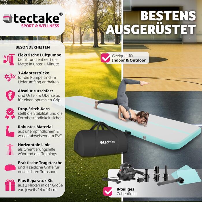 tectake® надувний гімнастичний мат Airtrack з електричним насосом, для йоги, фітнесу, спорту вдома і на вулиці, з сумкою для транспортування, 397x104x10 см