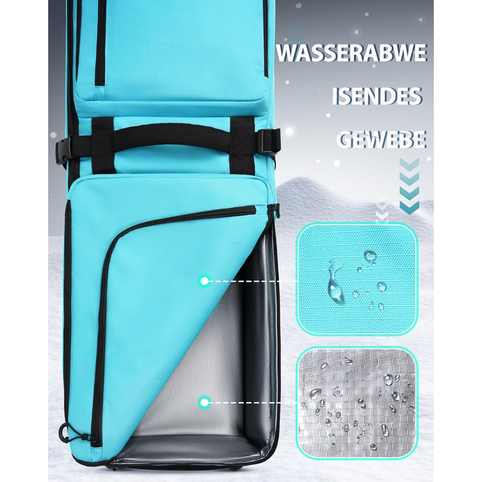 Чохол для сноуборду YOREPEK з колесами, водонепроникний, з 6 кишенями для сноуборду та лиж, розширюваний, 170 см, для подорожей літаком (Світло-блакитний)