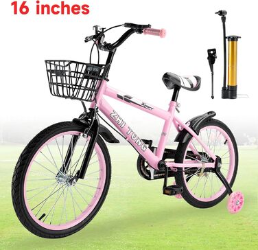 Дитяче велосипед 16 дюймів, регульоване сідло та кермо, рама з вуглецевої сталі, подвійні гальма, ударостійкі колеса, магнітні блискучі колеса, знімні додаткові колеса, для хлопчиків