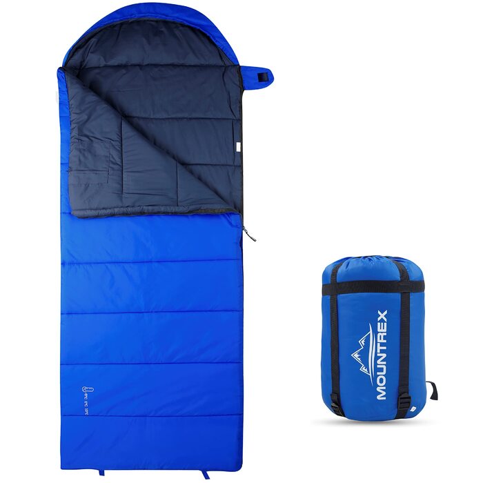 Спальний мішок MOUNTREX -5°C / 10°C для кемпінгу та відпочинку на природі. Дека-спальник 205 x 75 см, 3 сезони, легкий та теплий (1.6 кг). Підходить для чоловіків, жінок та дорослих. Можливість з'єднання блискавками (RV) - колір: блакитний.