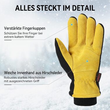 Зимові рукавички OZERO для чоловіків та жінок -30°C, з оленячої шкіри, водонепроникні, вітронепроникні, для водіння, походів, велосипеда (S, жовтий)