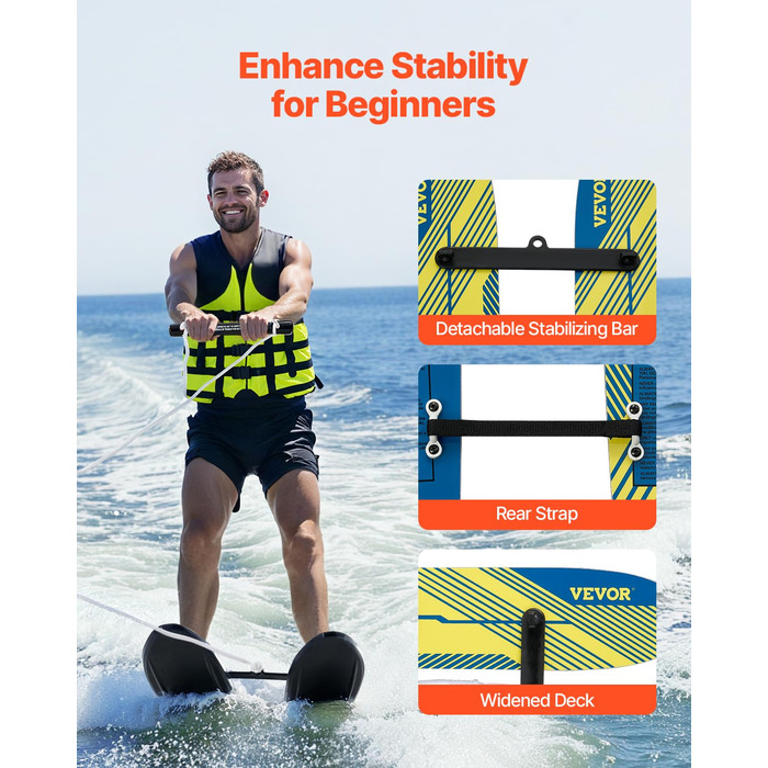 Воднолижне обладнання VEVOR для підлітків: комплект з регульованими кріпленнями X-7, подвійним тросом та знімною стійкою, до 136 кг
