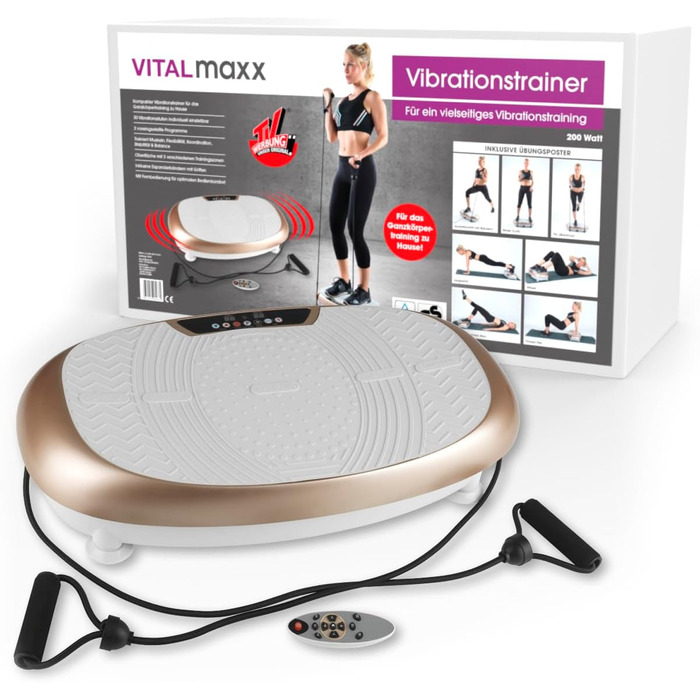 VITALmaxx вібраційний тренажер з 30 рівнями вібрації та 3 програмами, LCD-дисплей, для тренування всього тіла вдома, з еспандерами та пультом, колір шампань