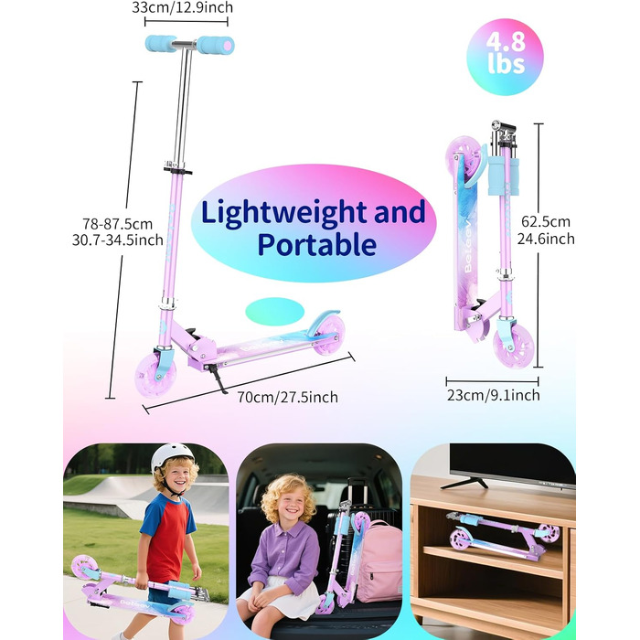 Дитячий самокат BELEEV V1Plus з LED-підсвіткою коліс та деки, складаний, 3 рівні висоти, для дітей 3-12 років (Blue Purple)