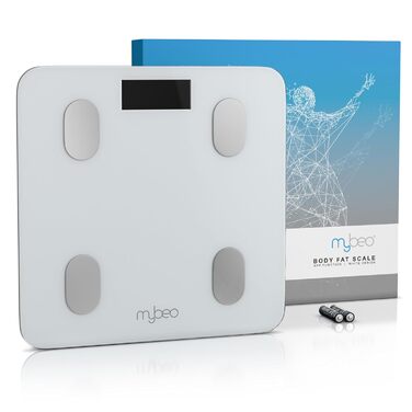 MyBEO Цифрова Bluetooth вага для аналізу складу тіла з додатком – вага для вимірювання ваги, BMI, жиру, м'язів – до 180 кг – LCD-дисплей – скляна поверхня 6 мм – біла