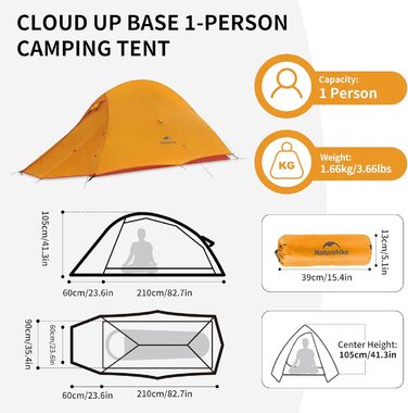 Намет Naturehike Cloud Up Pro для 1 особи: легкий, куполоподібний, водонепроникний, для кемпінгу та трекінгу (Orange 210T)