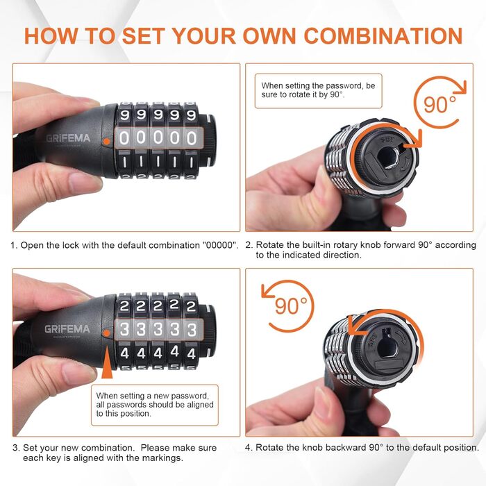 Замок для велосипеда GRIFEMA, висока безпека, проти крадіжки, ланцюговий, 7 мм x 1200 мм, чорний (з паролем)