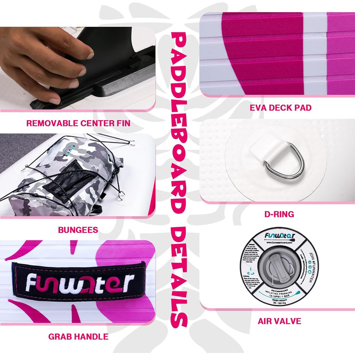 Надувний SUP-борд FunWater 10'6'-11'6' TIKI ROSA з аксесуарами: весло, насос, антиковзаюче EVA-покриття