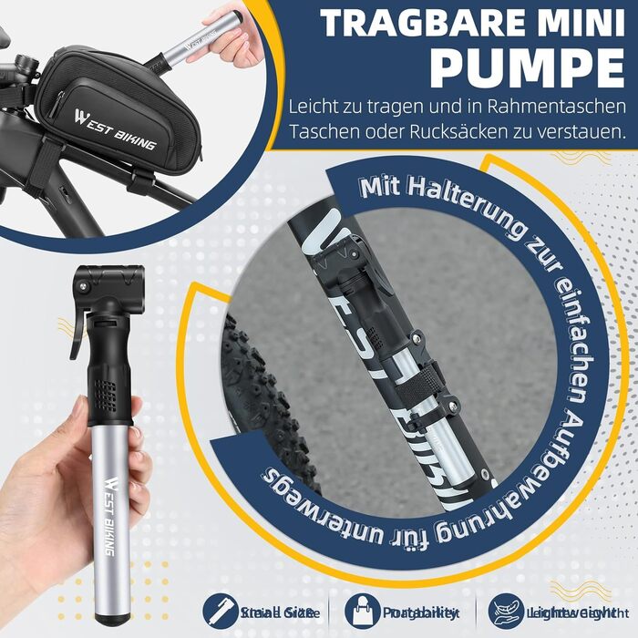 Міні-насос для велосипеда West Biking - Алюмінієвий насос для велосипеда, сумісний з усіма типами вентилів, портативний, швидке накачування шин, легкий, для MTB, шосе, м'ячів (срібний)